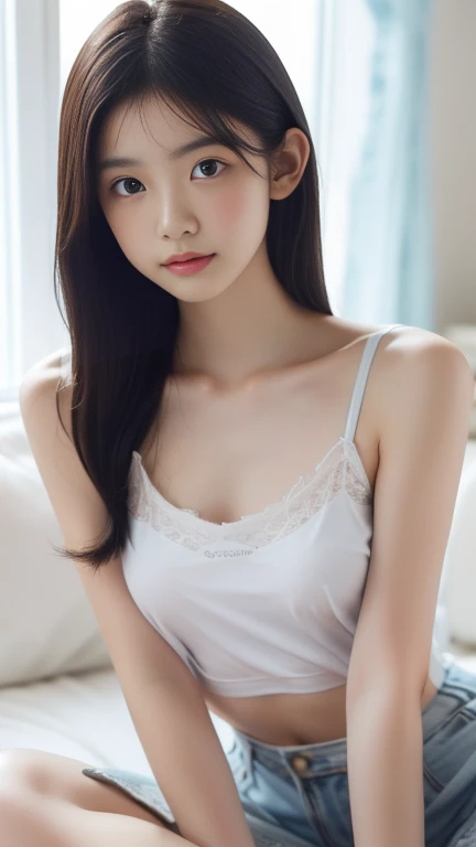 masutepiece, Best Quality, RAW Photos, Photorealistic, Face, Incredibly ridiculous, a beauty girl, 18 year old beautiful girl、Cute, Neat and clean schoolgirl、Long hair, depth of fields, High resolution, Ultra Detail, detail, Very detailed, Very detailed eyes and face, Sharp pupils, Realistic pupils, Sharp Focus, Cinematic lighting, Flat breasts, Small breasts, Small,(Petite bust: 1.2), cutting board bust, (slim, Small, Flat, Small), slender, Delicate and sexy collarbone、(Show the navel)、 (((Wearing a deep V-neck nightgown with a wide open neckline))), ((sideboob barbosa,flat chest,Bare waist,cleavage:1.3), Emphasis on waki、deep v neck、see -through、negligee、Open camisole、show off your belly button、Open the chest