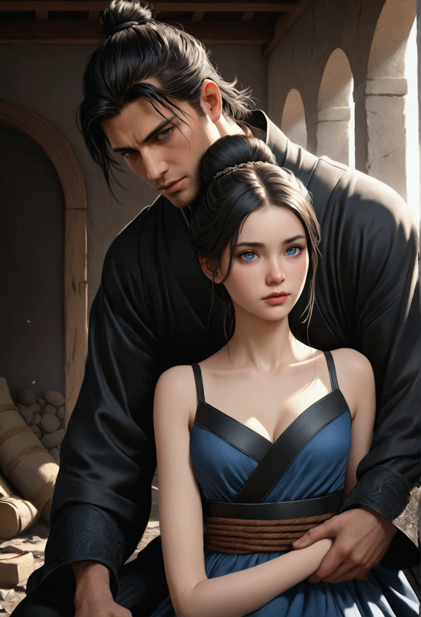 A tall, handsome young man with dark hair, blue eyes, long black hair tied in a ponytail at the back of his head, he hugs a very beautiful young blonde woman with very short wheat-colored hair. Masterpiece, detailed study of the face, beautiful face, beautiful facial features, perfect image, realistic shots, detailed study of faces, full-length image, 8k, detailed image. an extremely detailed illustration, a real masterpiece of the highest quality, with careful drawing. tall indidvuals