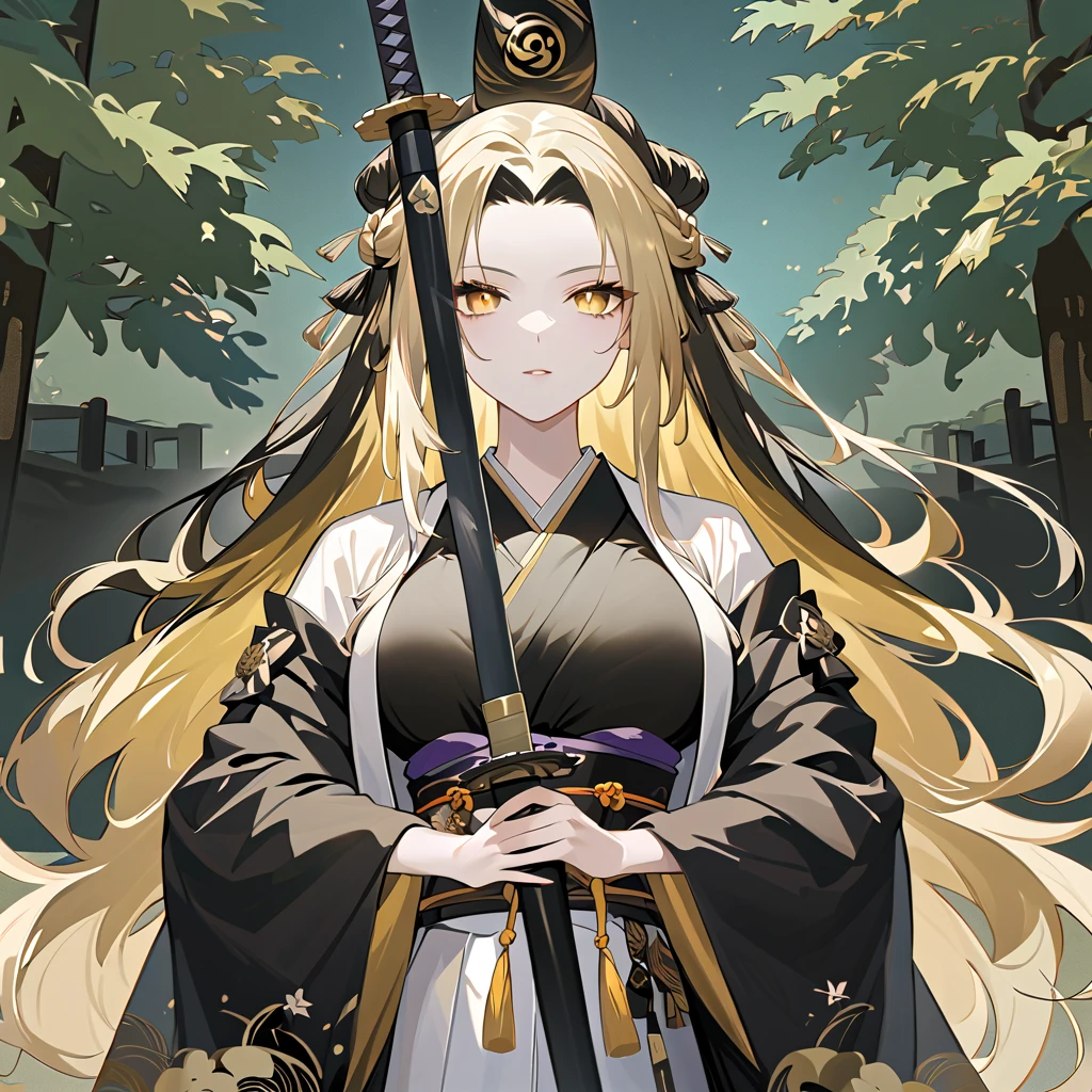 1 woman. long hair. dark black fading into gold hair, deep black and gold hair. tall. busty. dressed in a Japanese haori and hamaka. peaceful and stoic in a zen garden. intricate and detailed gold eyes. pale white skin. She is holding a katana.