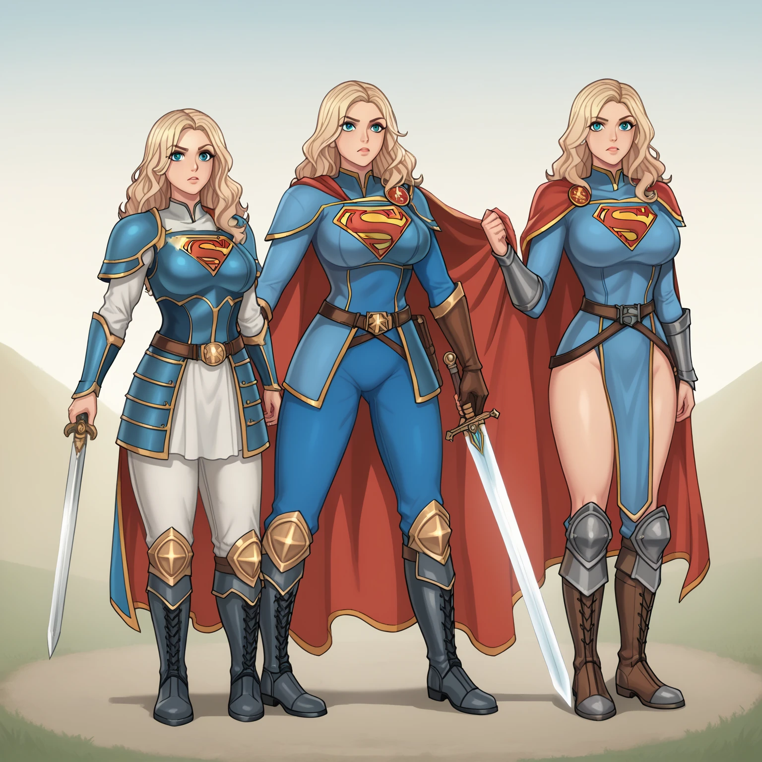 Supergirl paladin warrior in paladin clothing,  voluptuous body , medieval, isekai,  long wavy hair, split hair style,  full armor with cape , High combat boots , sword