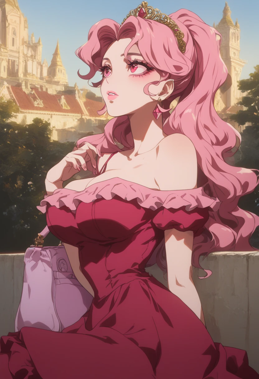 1girl, solo, masterpiece, best quality, (anime art style:1.0),, off the shoulder dress, layered dress, short sleeves, ruby red dress, pink eyes, light makeup, pink and gold tiara, soft pink lips, diamond earrings, frilly dress, pink hair, soft pink lips, round breasts, a pink purse hangs off her shoulder, she is stepping out of a shiny limousine, a palace is in the background/landscape, light makeup