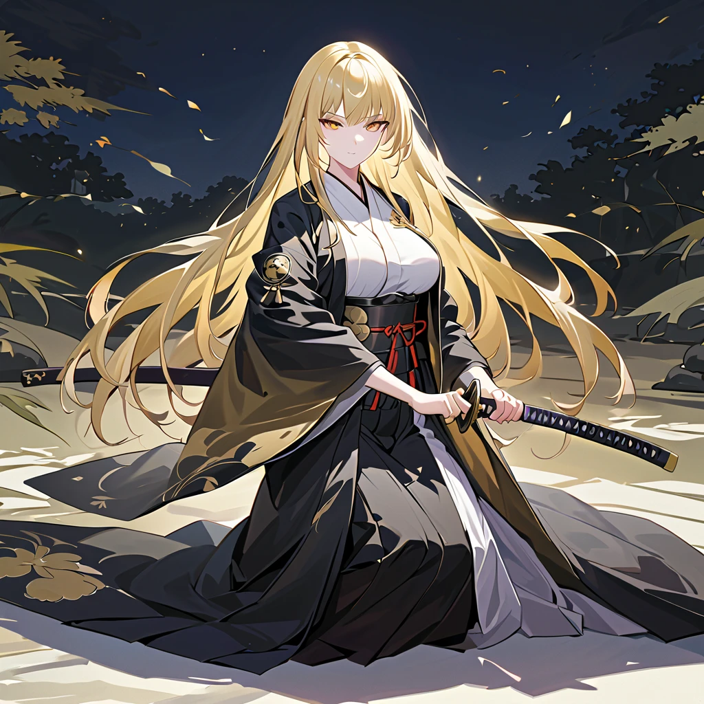 1 woman. long hair. dark black fading into gold hair, deep black and gold hair. tall. busty. dressed in a Japanese haori and hamaka. peaceful and stoic in a zen garden. intricate and detailed gold eyes. pale white skin. She is holding a katana. battoujutsu stance. battoujutsu