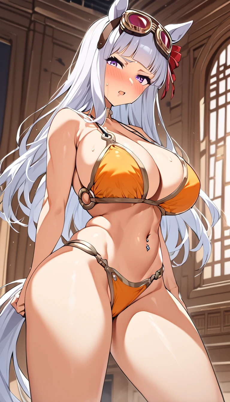 score_9, score_8_up, score_7_up, source_anime, best quality, solo, clear face, huge breasts, perfect body, looking at viewer, sex slave, orange slave bikini, palace, standing, dynamic angle, orange high leg thong, from behind, big ass, wide hips, navel piercing, goldship(umamusume),horse ears,solo, animal ears, hair over one eye, horse tail, horse girl,tail,white long hair, navel, blush, orange mouth veil, pouting