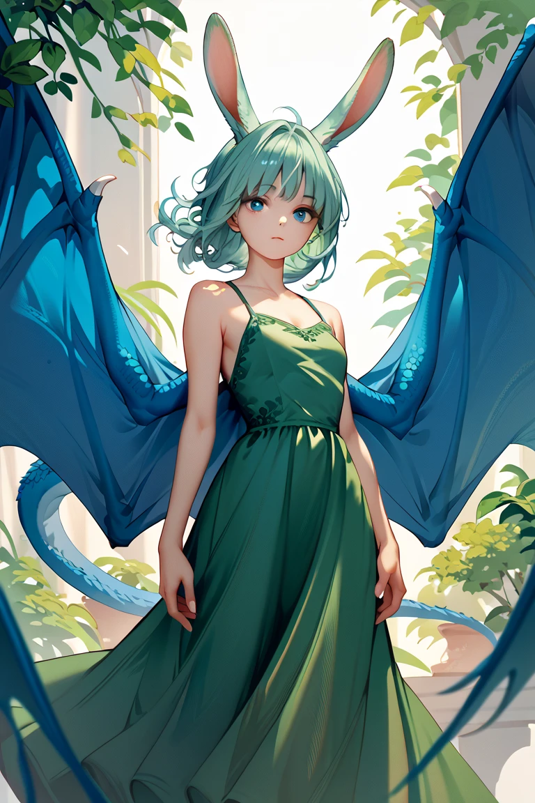 1 girl, red dragon tale, blue dragon wings, bare arms, bare fits, long green dress, green long hare, blue eyes