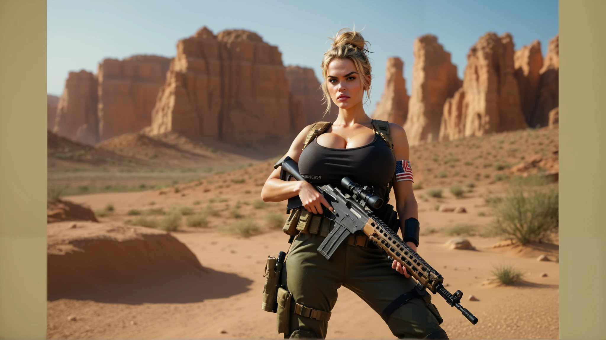 masterpiece portrayal, gorgeous blonde woman, messy bun hair, huge breasts, glistening body, slim body. Wearing tactical apparel, posing and holding a AR-15 assault rifle, angry and intimidating face expression. Detailed war scene surroundings, in the desert on sunny day,  sharp depth of field, hot, dry and arid weather. Detailed picture, movie still, cinematic, dramatic lighting, realistic, hyper realistic scene