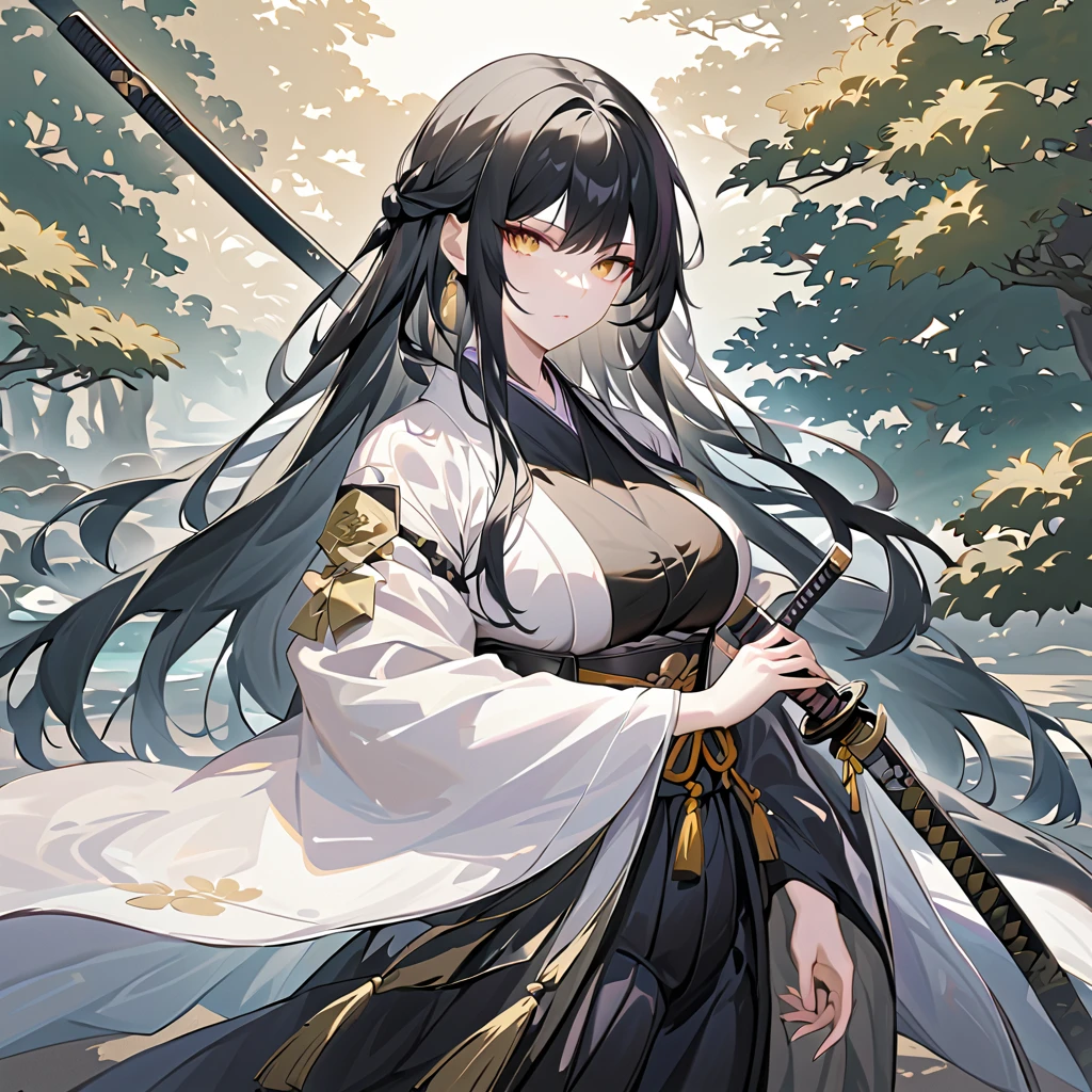 1 woman. long hair. dark black fading into gold hair, deep black hair. tall. busty. dressed in a Japanese haori and hamaka. peaceful and stoic in a zen garden. intricate and detailed gold eyes. pale white skin. She is holding a katana. battoujutsu stance. battoujutsu