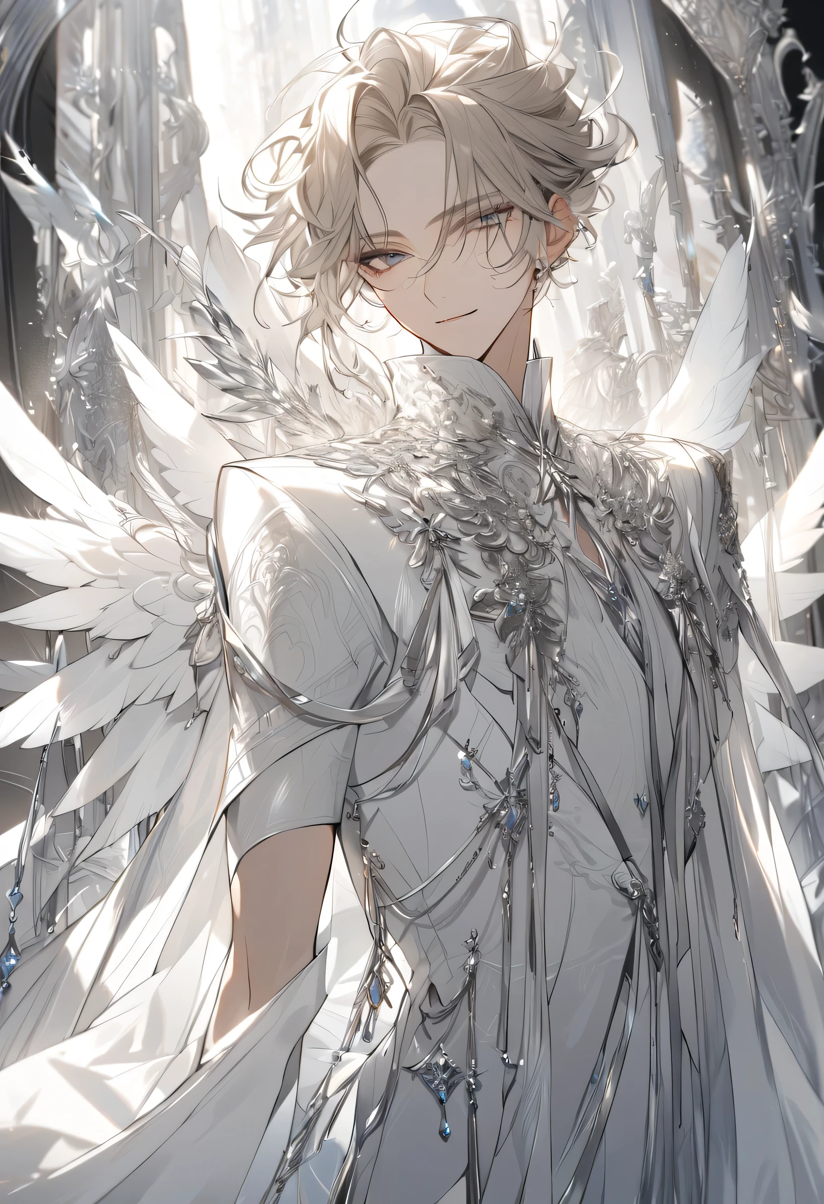 handsome male, smile, squinted siren gray eyes without glare, blond french-crop hair, fantasy white clothes with blue and silver elements, long white gloves, model, gorgeous, elegant, lots of silver jewelry, angel wings, skinny body