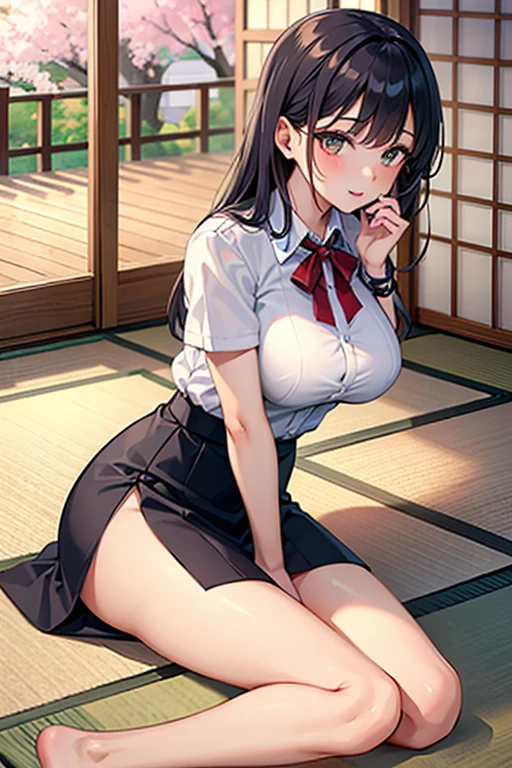 (( top quality)), ((  masterpiece  )), (  detailed hands , Detailed Fingers ,Detailed feet), perfect anatomy,  1 28 year old Japanese girl, Side view of a girl,Turn your face to the audience to the audience,Big Breasts,Sexy office lady,White collared shirt,tight skirt with black slits,Sit with your foot down on tatami mats in an izakaya,It&#39;s night outside,Woman sitting in front of a low table with lots of food in a dimly lit room , long dark hair , beautiful face, slender body ,Gentle double eyelids, dark eyes,I'm drunk and blushing slightly ,((Slightly unbuttoned shirt,A beautiful neck, red lips,smile,visible panties ,Open shirt collar)),A woman sits in front of a low table with lots of food lined up, black lace bra,Stick out your tongue just a little bit ,