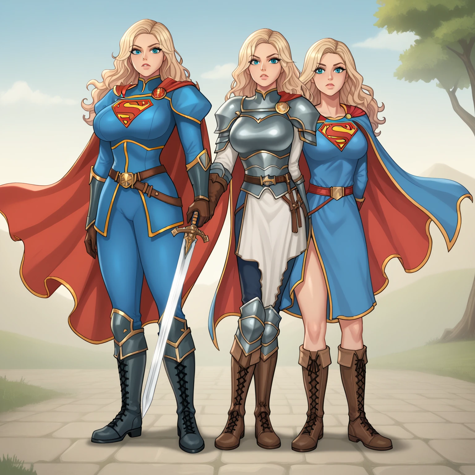 Supergirl paladin warrior in paladin clothing,  voluptuous body , medieval, isekai,  long wavy hair, split hair style,  full armor with cape , High combat boots , sword
