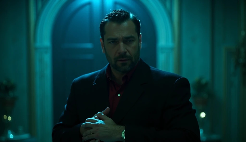 A cinematic close-up from the side captures the face and upper body of a mob-style bouncer. His sharp jawline is accentuated by a neatly trimmed beard, and his crimson dress shirt peeks from beneath the lapels of a perfectly tailored black suit. His hands are clasped at his waist, the gold cufflinks on his sleeves glinting faintly under the soft cyan lighting. The background is blurred, revealing the imposing wooden door behind him and faint streaks of blue light reflecting off the polished marble floor. The haze in the air diffuses the light, creating a dramatic and moody tone.