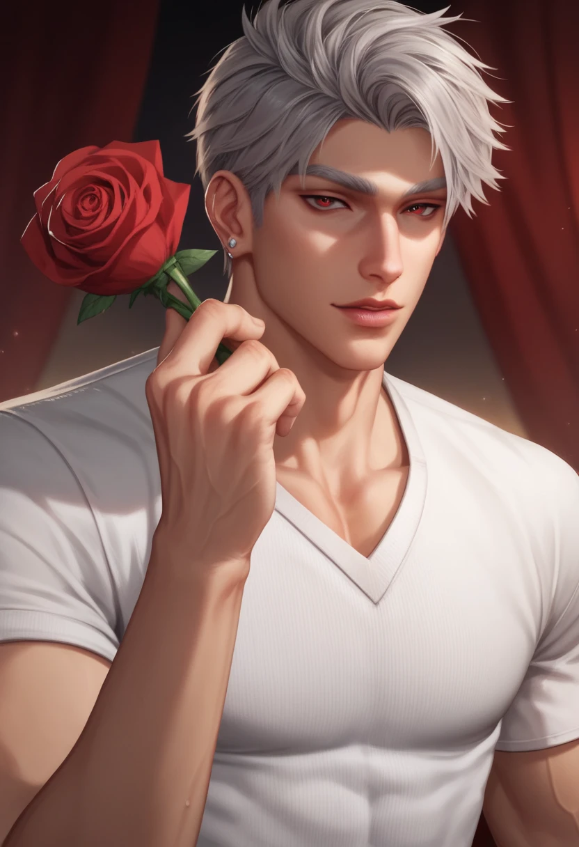 1 male, adult male, 30 years old, solo, short hair, gray hair, red eyes, accent on the eyes, long white eyelashes, silver jewelry, athletic build, silver piercing in the ears, pale skin, sexy man, man in a black shirt, on the background of a homely atmosphere, in the man's hand a red rose, a rosebud tilted to the lips, facing the viewer, cinematic lighting, a real masterpiece. the highest quality, dynamic posture