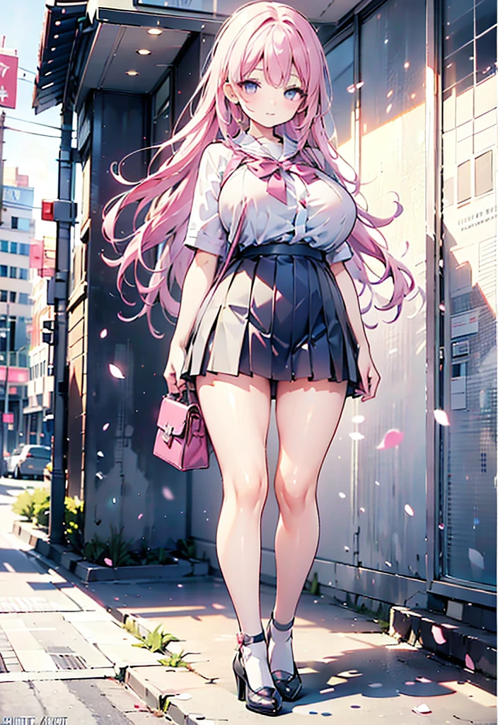   pinkセーラー服　pink hair side hair long　 high heels　student bag
Shoulder bag　 plump thighs 　Around town　outside　
 Big Breasts , ribbon,  high definition , accurate,  High Definition Model,  High Details ,  High Quality ,  textured skin,  Ultra High Definition,  retina,   