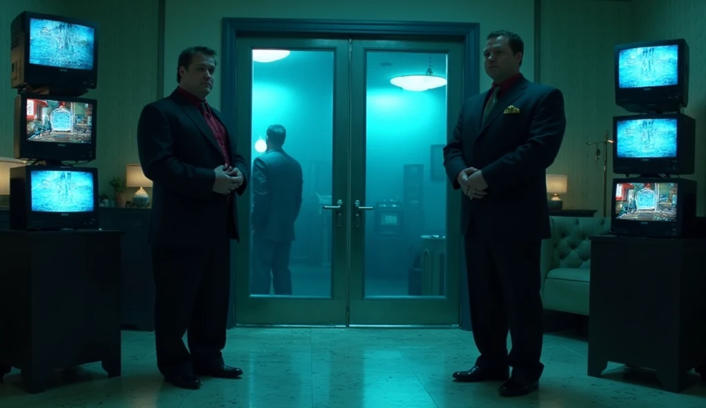 A cinematic front-facing shot captures two tall, broad-shouldered bouncers standing on either side of a heavy, polished steel double door with a reinforced frame. The bouncers wear tailored black suits over burgundy dress shirts, each shirt complemented by black silk ties and gold pocket squares. Their hands are clasped firmly in front of them, adopting a traditional "at ease" stance, exuding authority. The dim cyan backlighting highlights the sharp creases of their suits, while a faint haze in the air diffuses the light, creating a dramatic atmosphere. The hallway leading to the door is sleek, with polished marble floors reflecting the cyan glow, and stacked TVs mounted along the walls display flickering blue visuals, adding a hypnotic tension to the scene.