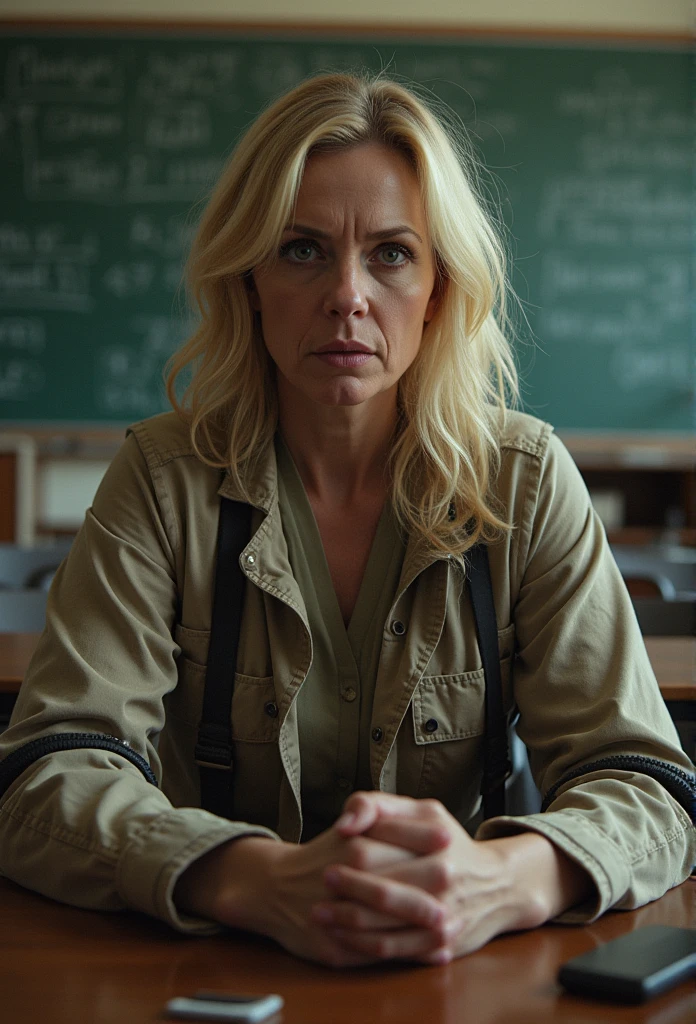 Very realistic,very detailed,a middle age math teacher,she has blonde hair,she has bondages that trapped her,she is scared,BDSM,she is on her class