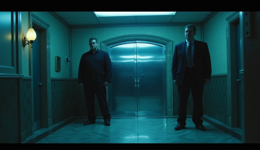 A grainy, security camera-style POV shows the two bouncers standing guard at the door, their large frames slightly distorted by the wide-angle perspective. The timestamp in the corner flickers faintly, while the dim lighting bathes the scene in moody blue hues. The polished steel door behind them gleams softly, and the reflective marble floor amplifies the eerie, high-stakes tension. The faint silhouette of the models approaching is visible at the end of the hallway, adding to the suspense.