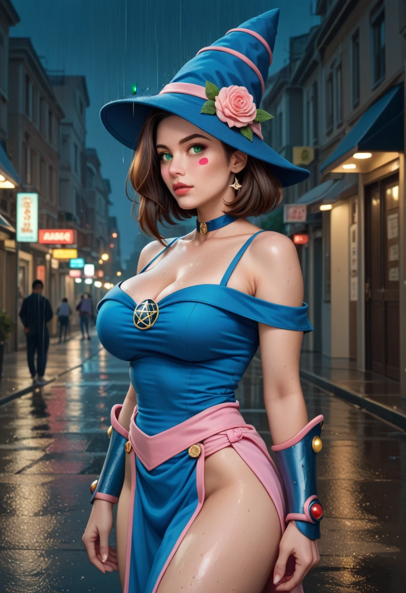 (masterpiece, best quality, very aesthetic, ultra detailed), intricate details, 4k, aadmg, medium side-parted bob hair, brown hair, hat, thicc milf body, blue headwear, green eyes, blush stickers, large breasts, choker, bare shoulders, cleavage, blue dress, pentacle, vambraces, pelvic curtain, pink skirt, street, night, from side, rain, wet, looking at camera 