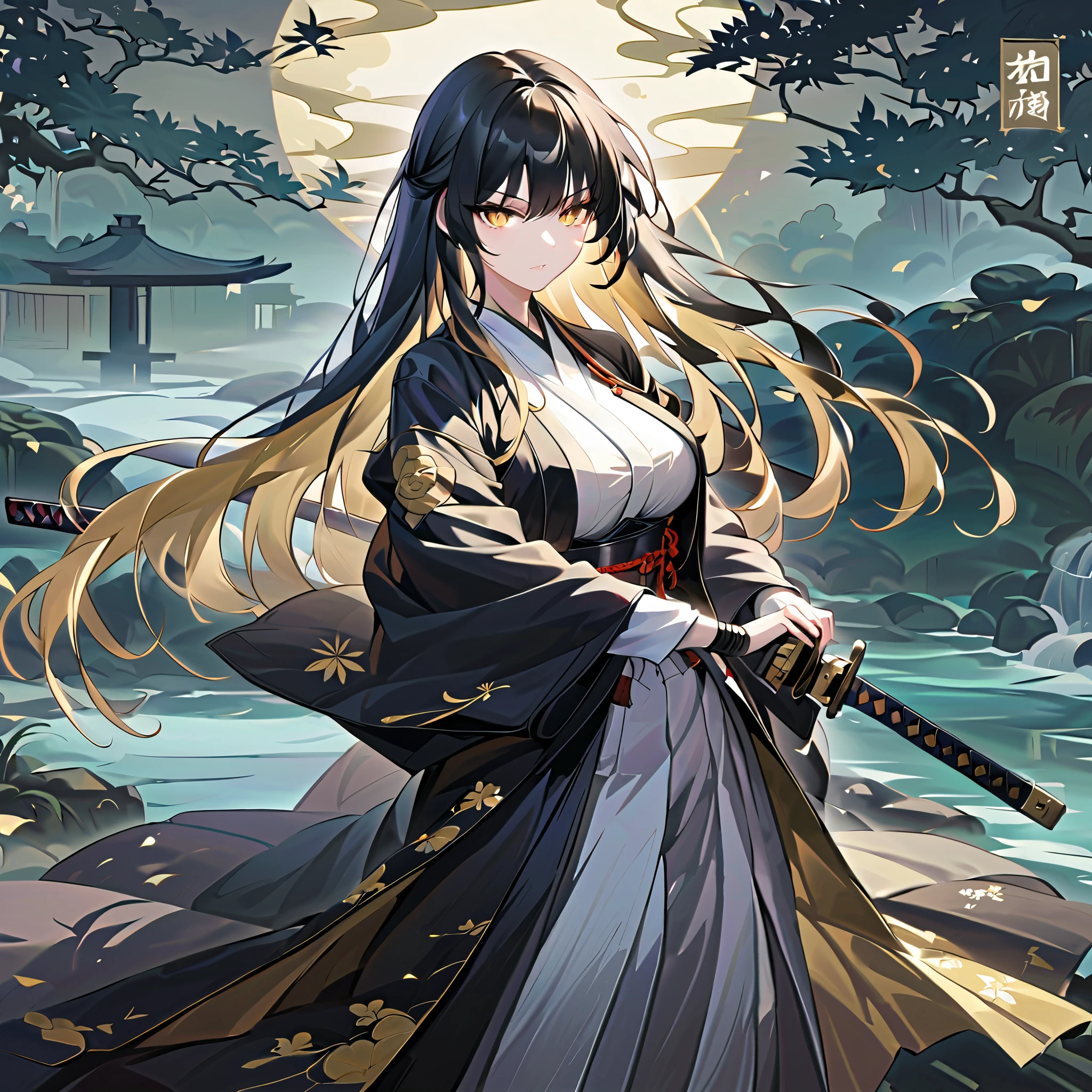 1 woman. long hair. dark black fading into gold hair, deep black hair. tall. busty. dressed in a Japanese haori and hamaka. peaceful and stoic in a zen garden. intricate and detailed gold eyes. pale white skin. She is holding a katana. battoujutsu stance. battoujutsu