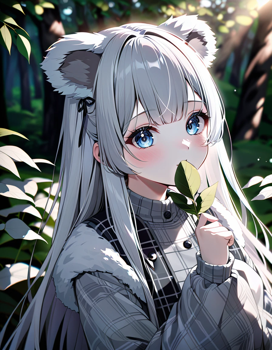 (In 8K, Best Quality, Master Piece: 1.2), Ultra High Resolution,1 girl,solo,16yo,ultra-detailed face,detailed eyes,Mascara,grey hair, long hair,(grey koala ears:1.4),White and grey checked long sleeve dress,white fur muffler,professional lighting,Eating eucalyptus leaves,Australian forest