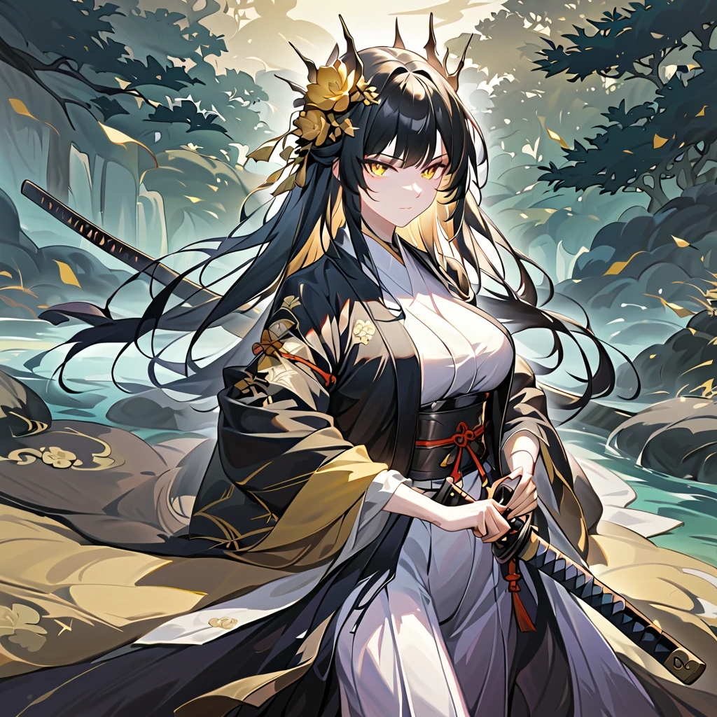 1 woman. long hair. dark black fading into gold hair, deep black hair. tall. busty. dressed in a Japanese haori and hamaka. peaceful and stoic in a zen garden. intricate and detailed gold eyes. pale white skin. She is holding a katana. battoujutsu stance. battoujutsu. golden flower crown with thorns.