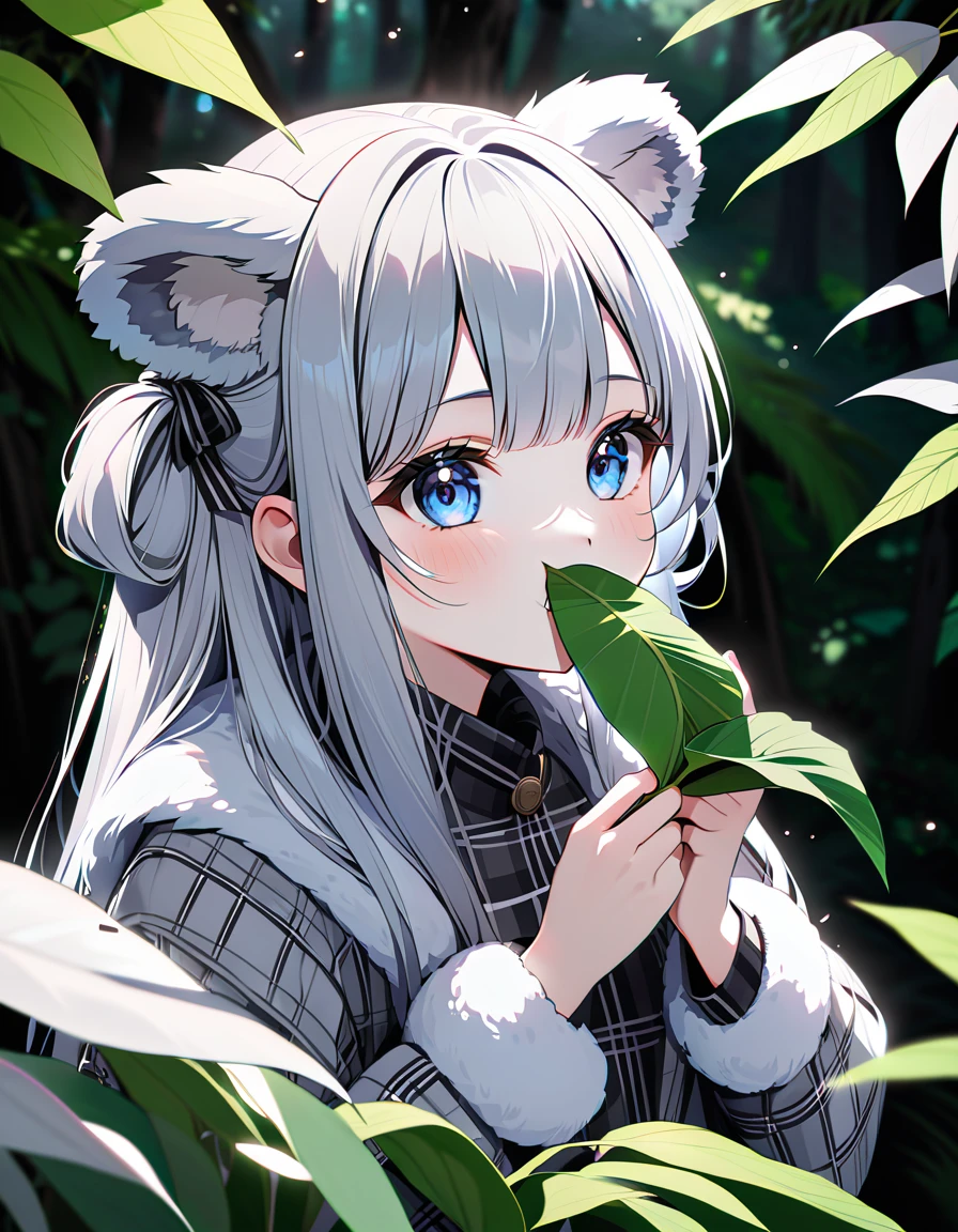 (In 8K, Best Quality, Master Piece: 1.2), Ultra High Resolution,1 girl,solo,16yo,ultra-detailed face,detailed eyes,Mascara,grey hair, long hair,(grey koala ears:1.4),White and grey checked long sleeve dress,white fur muffler,professional lighting,Eating eucalyptus leaves,Australian forest