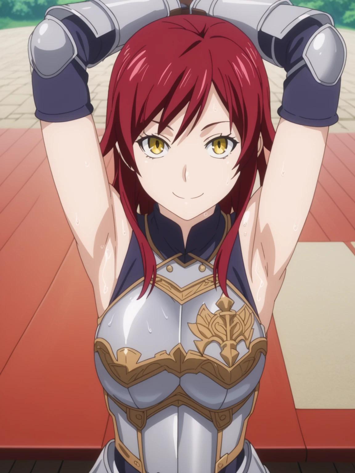 score_9, score_8_up, score_7_up, source_anime, anime screencap, 1girl, solo, kobayashi, yellow_eyes, red_hair, long_hair, large_breasts, armor, breastplate, gauntlets, armored_dress, sleeveless, arms up, raised arms, armpits, looking at viewer, smile, closed mouth, outdoors, forest, from above, badhandv4, sweaty armpits