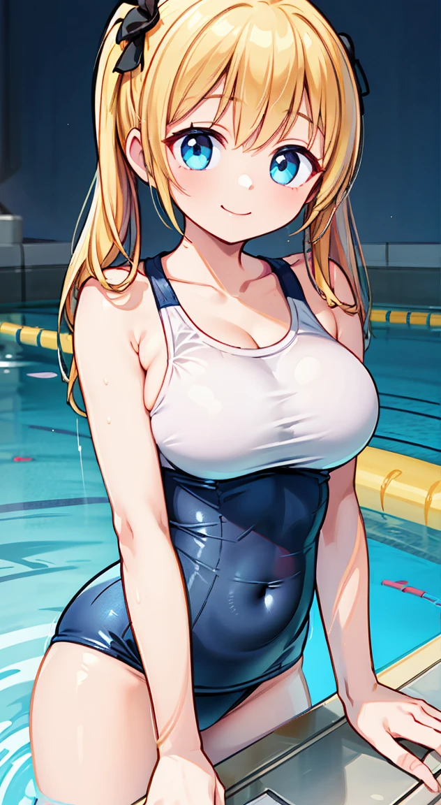 Highest quality,masterpiece,one person,Blonde,Twin tails,pool,white School Swimsuit,Large Breasts,smile, White Leotards , realistic skin texture,cute eyes,puffy eyes,