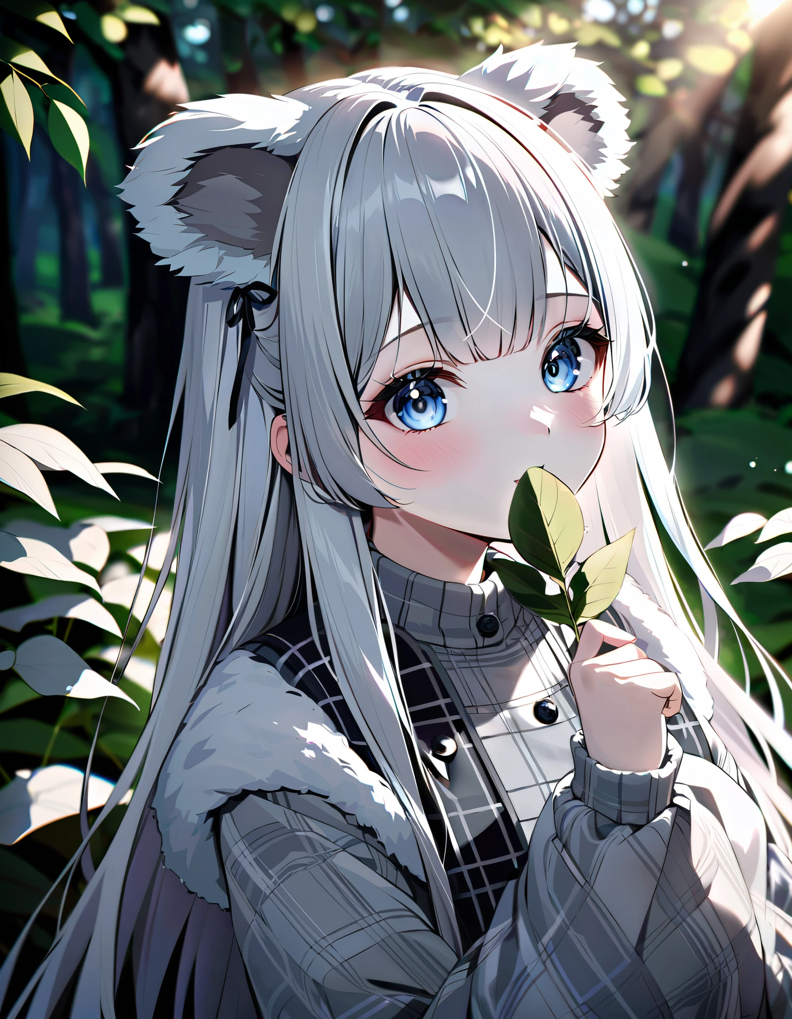 (In 8K, Best Quality, Master Piece: 1.2), Ultra High Resolution,1 girl,solo,16yo,ultra-detailed face,detailed eyes,Mascara,grey hair, long hair,(grey koala ears:1.4),White and grey checked long sleeve dress,white fur muffler,professional lighting,Eating eucalyptus leaves,Australian forest