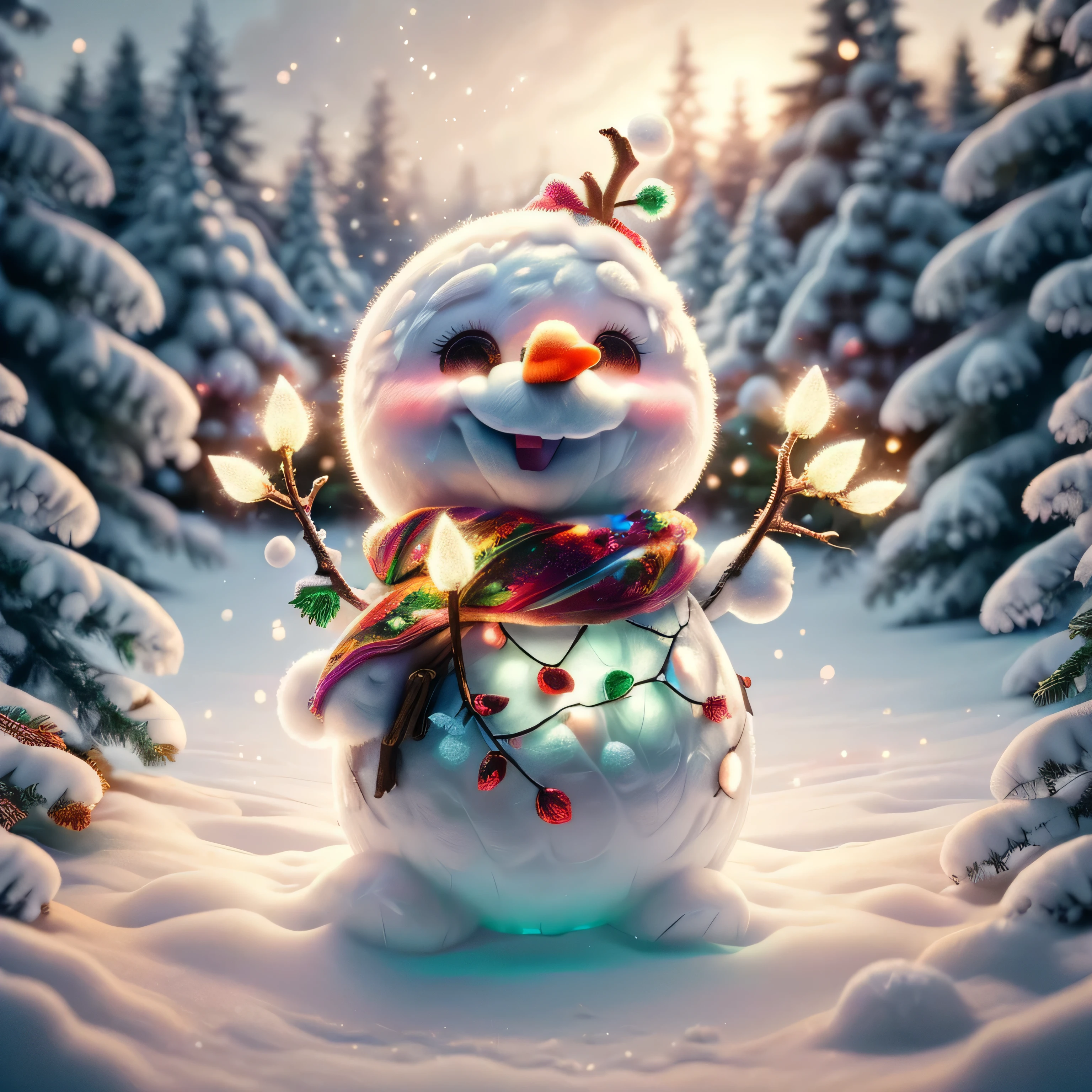 (Best Quality, Super Detail, Masterpiece, Representative Work, Official Art, Professional, Super High Detail, 8k:1.3), (Full Body) Very cute snowman Olaf from the movie 'Frozen'. He is smiling and standing on a snowy hill surrounded by glittering snowflakes under a bright blue sky. In the background is a winter forest with snow-covered trees. Olaf is wearing a red scarf and has cute twig handles. Add elements of fun, such as snow falling around and little frosty joys, to keep his mood positive, blurred background, fantasy, Gouves style artwork, realism: 1.37, (super fine fantasy art), masterpiece, high quality design and accurate physics (super accurate fantasy style)) art, dark fantasy style)), super accurate design and accurate physics), color, depth of field, shadows, ray tracing, (accurate simulation of the interaction of light and materials)], intricate Christmas decorations, glowing garlands, sparkling decoration, natural light, soft background, photorealistic, sparkling eyes, sharp focus, glowing skin, cute and mischievous look, hint of mischief, dreamy atmosphere, Super glossy effect, delicate details, soft ambient light, (Backlight:1.3), (Cinematic:1.2), intricate details, (ArtStation:1.3)