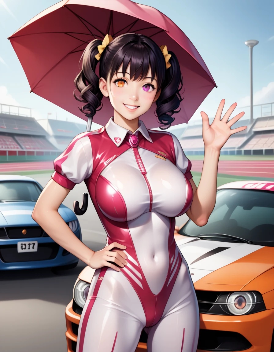 (ultra-detailed, master piece, best quality, high resolution, beautiful hair, beautiful eyes, expressive eyes, perfect face, perfect human structure, photorealistic background, realistic shading), Suzuka Circuit, in front of a pit crowded with many drivers and men of pit crew working, a racing car is parked behind, A girl with slightly curly hair, short cut, high twin tails up both sides, black hair, super , droopy eyes, heterochromia, pink eye, orange eye, big breasts, tight waist, wearing a race queen outfit, holding a parasol, twisting her waist, waving and smiling, Medium shot,