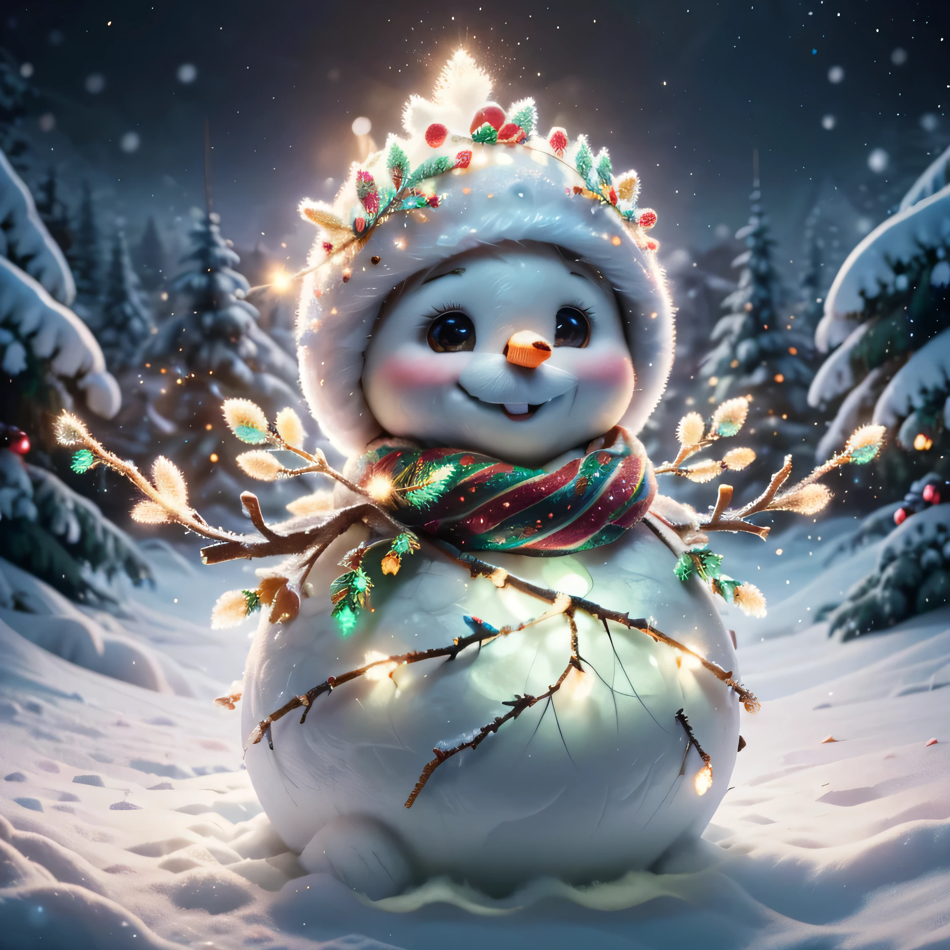 (Best Quality, Super Detail, Masterpiece, Representative Work, Official Art, Professional, Super High Detail, 8k:1.3), (Full Body) Very cute snowman Olaf from the movie 'Frozen'. He is smiling and standing on a snowy hill surrounded by glittering snowflakes under a bright blue sky. In the background is a winter forest with snow-covered trees. Olaf is wearing a red scarf and has cute twig handles. Add elements of fun, such as snow falling around and little frosty joys, to keep his mood positive, blurred background, fantasy, Gouves style artwork, realism: 1.37, (super fine fantasy art), masterpiece, high quality design and accurate physics (super accurate fantasy style)) art, dark fantasy style)), super accurate design and accurate physics), color, depth of field, shadows, ray tracing, (accurate simulation of the interaction of light and materials)], intricate Christmas decorations, glowing garlands, sparkling decoration, natural light, soft background, photorealistic, sparkling eyes, sharp focus, glowing skin, cute and mischievous look, hint of mischief, dreamy atmosphere, Super glossy effect, delicate details, soft ambient light, (Backlight:1.3), (Cinematic:1.2), intricate details, (ArtStation:1.3)