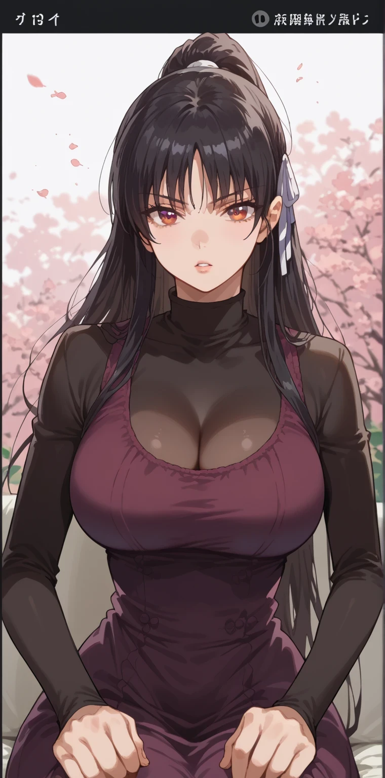 score_9, score_8_up, score_7_up, source_anime,
suzunehorikita, suzune horikita, long hair, black hair, red eyes, hair ribbon, large breast, 1girl, breasts, long_hair, solo, looking_at_viewer, large_breasts, ponytail, bangs, parted_lips, cleavage, black_hair, long_sleeves, dress, sitting, brown_eyes