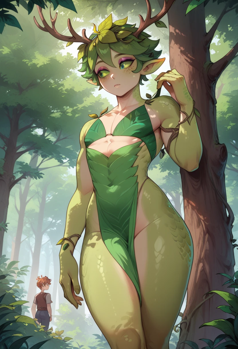 score_9, score_8_up,1boy, (dryad), (leaf hair), curious expression, green skin, green sclera, lizard eyes, wood antlers, leaf vine clothes, femboy, (scaled skin, scales on thighs, scales on arms, green scales), forest, daytime,dynamic angle, eyeshadow, good lighting,