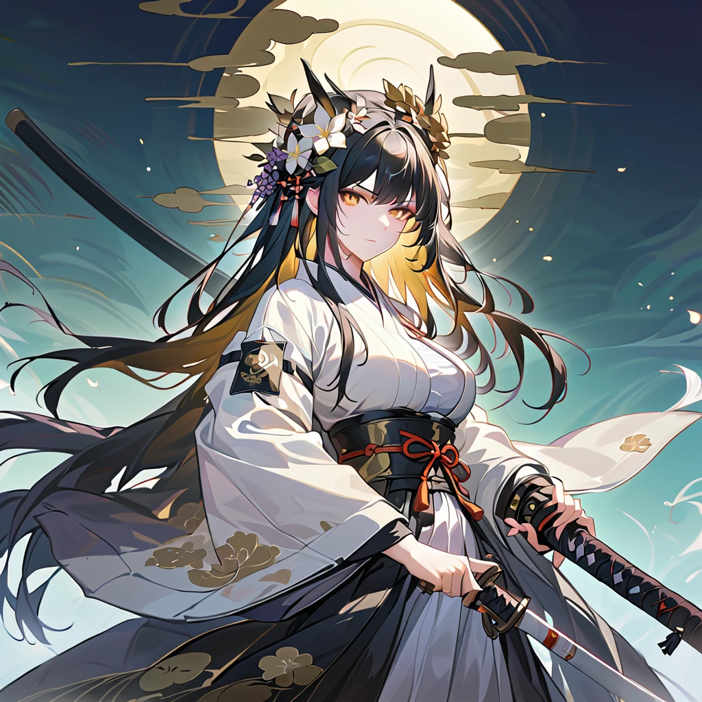 1 woman. long hair. dark black fading into gold hair, deep black hair. tall. busty. dressed in a Japanese haori and hamaka. peaceful and stoic in a zen garden. intricate and detailed gold eyes. pale white skin. She is holding a katana. battoujutsu stance. battoujutsu. wearing a thorn crown with gold flowers on her head.