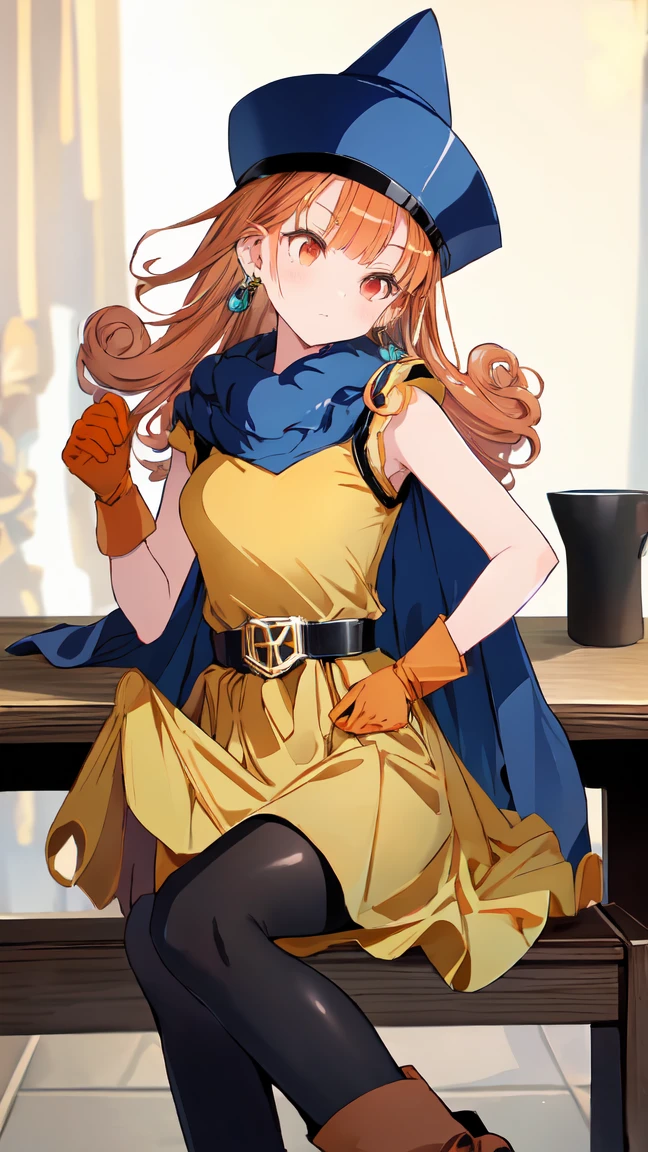 Arena - DQ4, DQ4 Arena, black pantyhose,青いCape, blue hat, boots, curly hair , earrings, long hair,Orange Gloves, orange hair, red eyes,Sleeveless,yellow dress, yellow skirt ,  1 girl, Alone,  1 girl,Alone,DQ4-Arena, long hair,Purple eyes, orange hair, sleeveless, black pantyhose,yellow dress, yellow skirt ,belt,Cape, curly hair ,gloves, small breasts,  boots, shiny,room, sit on a chair,table, pensive , (masterpiece), ( top quality), ( super detailed),  complex details,