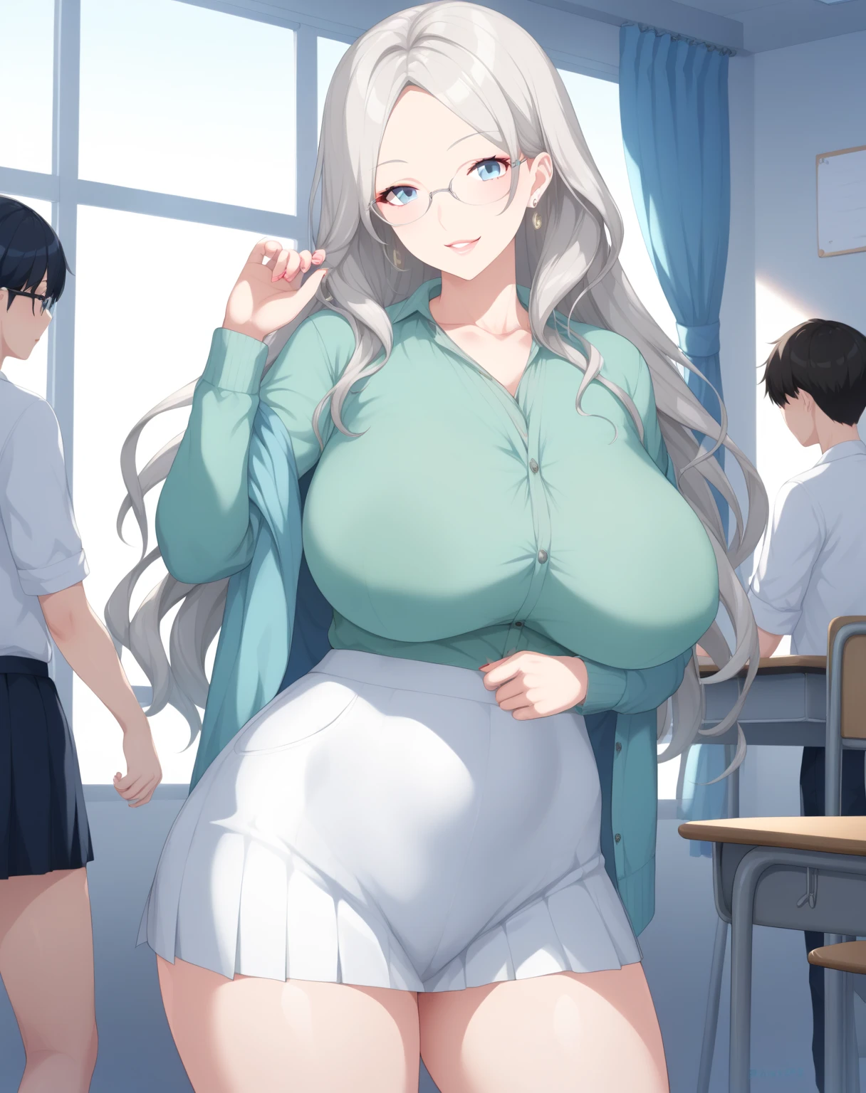 score_9, score_8_up, score_7_up, source_anime, 1girl, sexy woman, mature, huge breasts, large breasts, curvy, voluptuous, grey hair, blue eyes, parted bangs, straight long hair, green shirt (neckline), short white skirt, glasses, earrings, jewelry, smile, standing, hands on hips, classroom, indoors, multiple students in th background