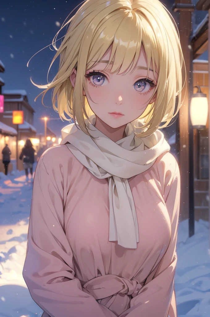 Kyoko short hair ,blonde hair, yellowish eyes , sweater pink  in snow in oudoor night beautiful 