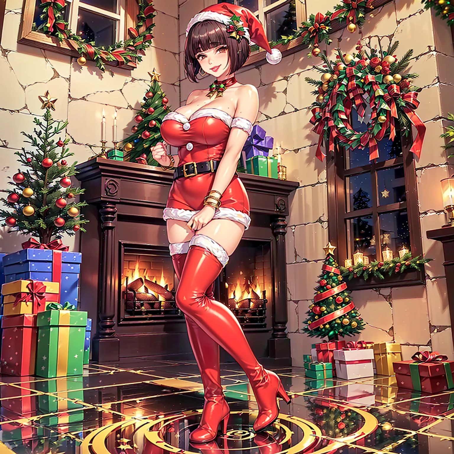 ((1girl, solo ,alone, ((Itsuki Shima, mature female, (cowboy shot:1.2), short hair, brown hair, bob cut, brown eyes, looking at viewer), muscular female, gold bracelets, ruby earrings)), ((athletic body, toned body, fitness)), ((christmas costume, santa costume, red dress, christmas dress, christmas hat, jewelry, knee high boots, high heels, boots with heels, thigh high boots, black boots, christmas decoration, christmas tree, garlands, presents, marble floor, flowers, window, night, smug smile, red lipstick, neckline, cleavage))