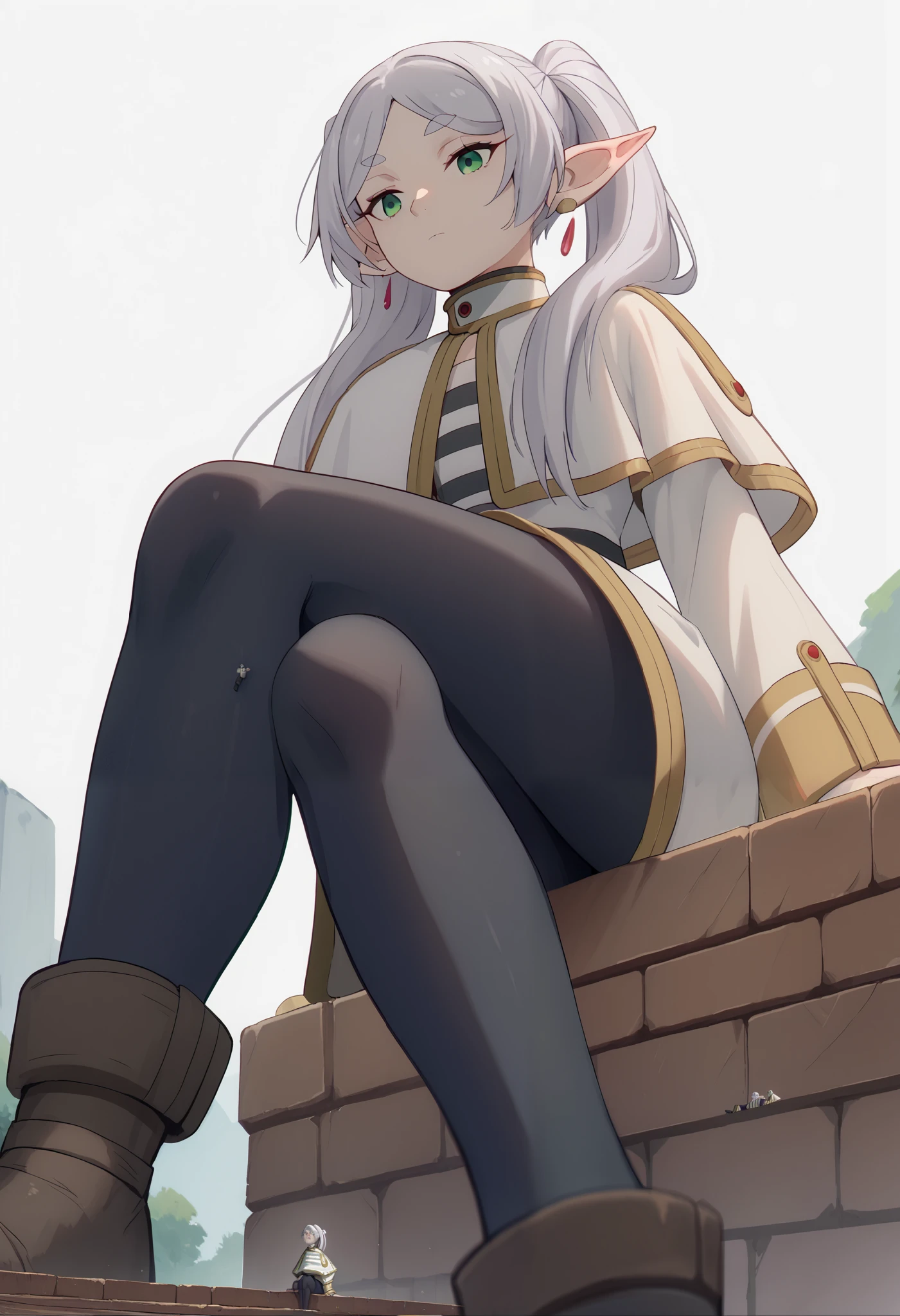 frieren, long hair, twintails, (green eyes:1.5), grey hair, pointy ears, elf, shirt, long sleeves, jewelry, pantyhose, earrings, black pantyhose, capelet, striped shirt, legs crossed, from below, beneath her boots, giantess, showing sole of boot, simple white background, sitting, stepping on viewer