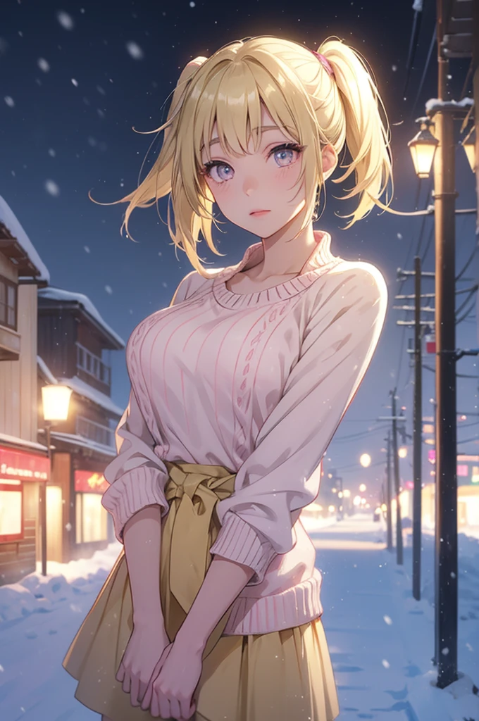 Kyoko short hair ,blonde hair, yellowish eyes , pig tailed hair sweater pink  in snow in oudoor night beautiful 