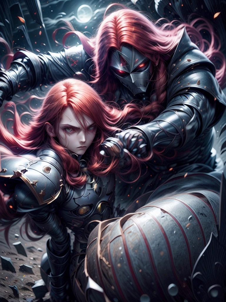 Neo Cavaleiro male long red hair ,Totally black iron mask and sword and shield with moonlight in the background. (Put the name NEO in the image)