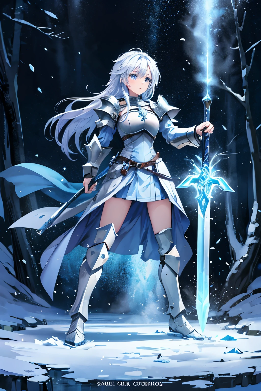 Warrior, captivating, icy sword, blizzard background, blue icy armor, full body armor, serious, knightly, full cover, masterpiece, highres, high quality, medieval, fighting, snowy, snowy forest