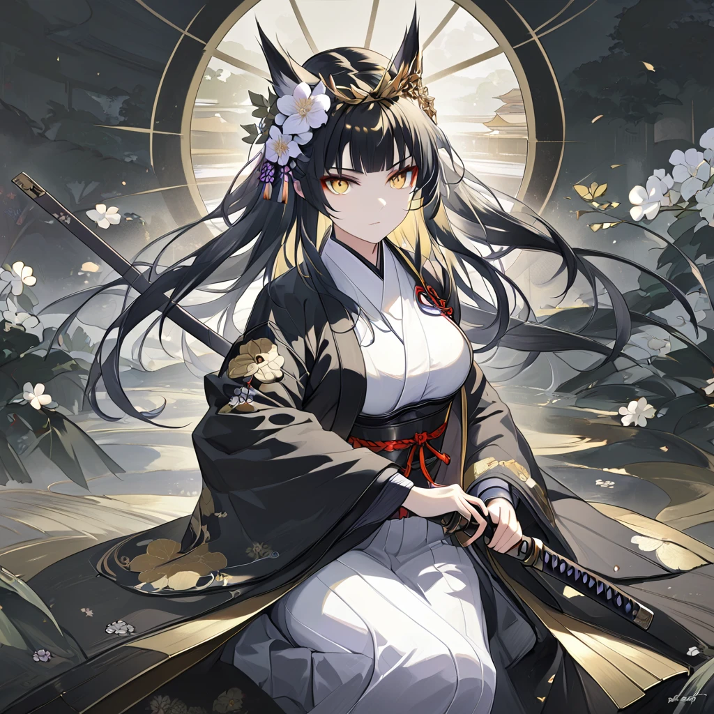 1 woman. long hair. dark black fading into gold hair, deep black hair. tall. busty. dressed in a Japanese haori and hamaka. peaceful and stoic in a zen garden. intricate and detailed gold eyes. pale white skin. She is holding a katana. battoujutsu stance. battoujutsu. wearing a thorn crown with gold flowers on her head.