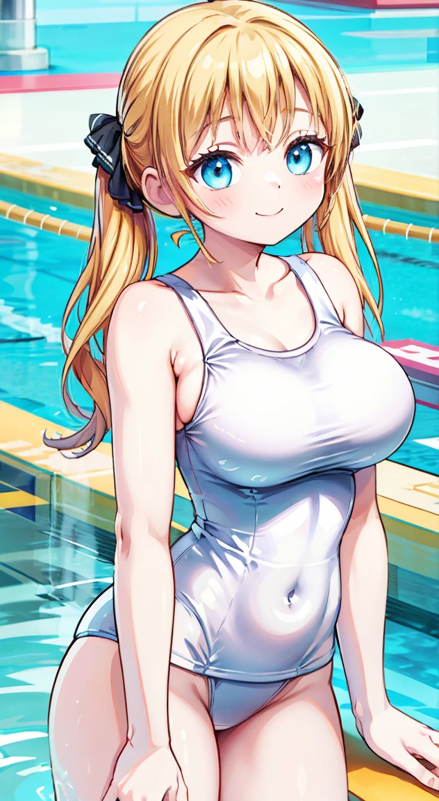 Highest quality,masterpiece,one person,Blonde,Twin tails,pool,（white School Swimsuit1.1）,Large Breasts,smile, White Leotards , realistic skin texture,cute eyes,puffy eyes,