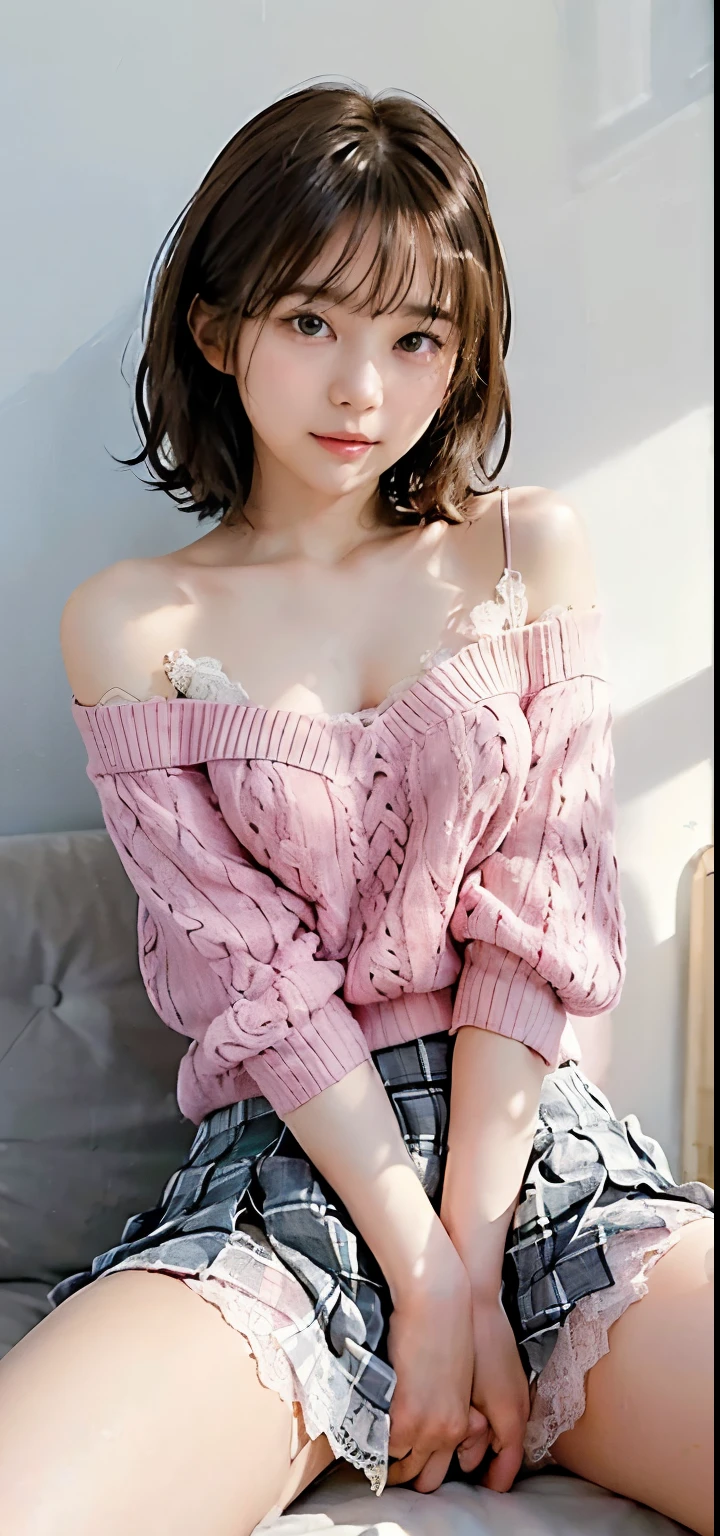 Close-up、(((brown hair)))、(((vaginal sex))),((having sex)),((sexual position missionary)))、cute、summer:1.3、shirt:1.3、、skirt(((Highest image quality、High resolution、masterpiece、one girl)))、((((embarrassing:1.3、)))、(((cute)))、Super delicate and cute girl 、soio、a girl、s、8K Ultra High Definition、Delicate texture、short wavy Hair、flat chest、 (((wearing off-shoulder pink sweater))),(((plaid pleated skirt )))、,Plain clothe、spreading her legs,exposed panties,nsfw,big breast,in office room,lying down on the desk,spreading legs open wide with knees bent,creating the shape of the letter M,(((detailed lace white panties))),,having sex,,penis insert,