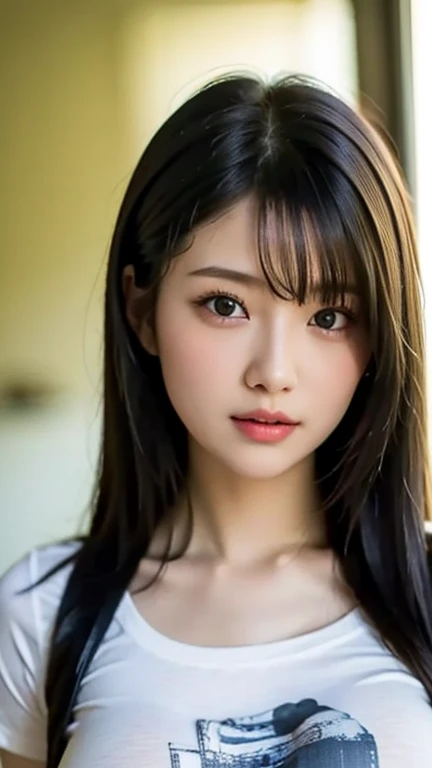  top quality,   masterpiece  ,   ULTRA HIGH RESOLUTION, ( photorealistic :1.37),  RAW photos ,  1 Japanese girl,  long hair,  beautiful eyes,    beautiful face,  Detailed Eyes and Faces , T-Shirts, Dynamic Lighting,  in the dark ,  Deep Shadow ,  discreet ,  cowboy shot、Big Breasts