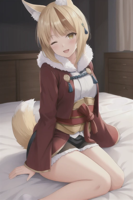 selkie fe, 1girl, solo, looking at viewer, blush, sitting, on bed, :d, thick thighs, japanese clothes, fur trim, one eye closed, brown hair, dynamic angle