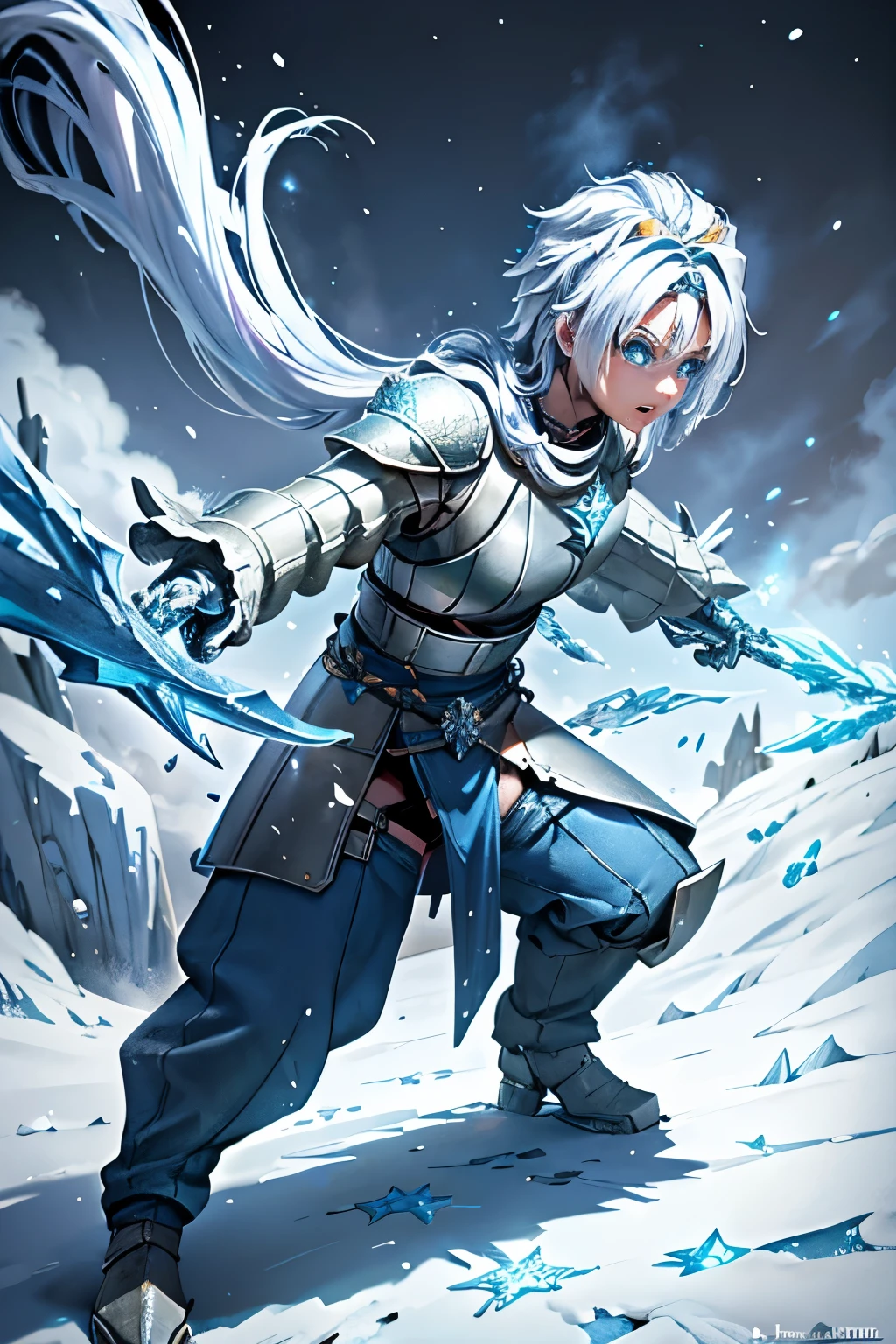 Warrior, captivating, icy sword, blizzard background, blue icy armor, full body armor, serious, knightly, full cover, masterpiece, highres, high quality, medieval, fighting, snowy, snowy forest