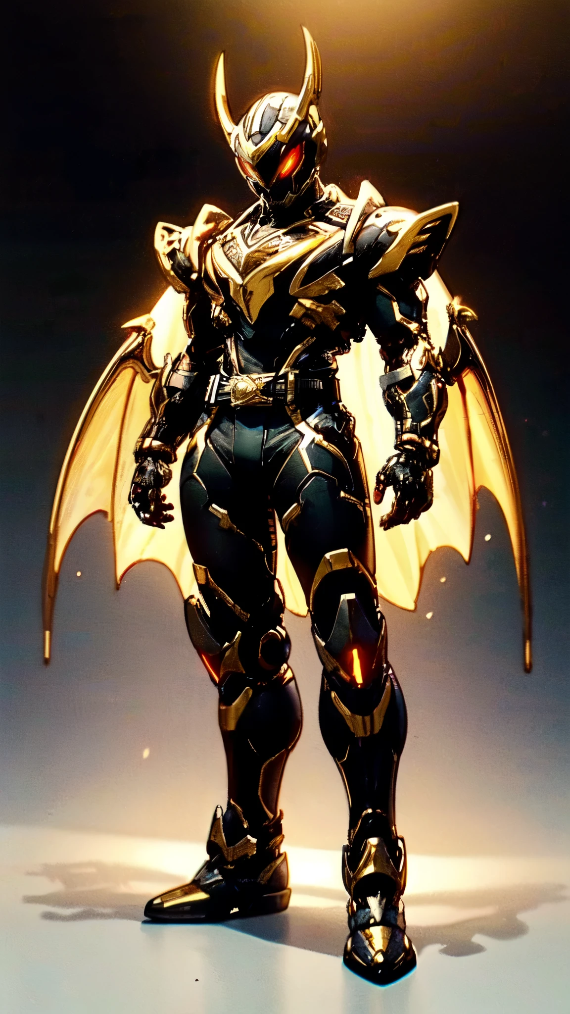 (masterpiece:1.5, best quality:1.5, extremely delicate:1.5), ((male:1.5)), a man wearing a full-face helmet, high-tech biomimetic armored combat suit, (a composite layered chest armor), the design balances heavy with agility, fully enclosed shoulder guards, matching arm and leg guards, a belt of gemstone, (the color scheme is primarily Yellow with Red and Purple accents, Organic Biotech, Concept Inspired by Vampire, glowing eyes, armor glows, huge cloak like devil wings, blood), stand of a futuristic sci-fi city, this character embodies a finely crafted fantasy-style armored hero in anime style, exquisite and mature art style, metallic, high definition, highres, ultra-detailed, ultra-fine painting, professional, perfect body proportions, golden ratio, anatomically correct, symmetrical face, extremely detailed eyes and face, high quality eyes, creativity, RAW photo, UHD, 32k, Natural light, cinematic lighting, (masterpiece-anatomy-perfect:1.2)