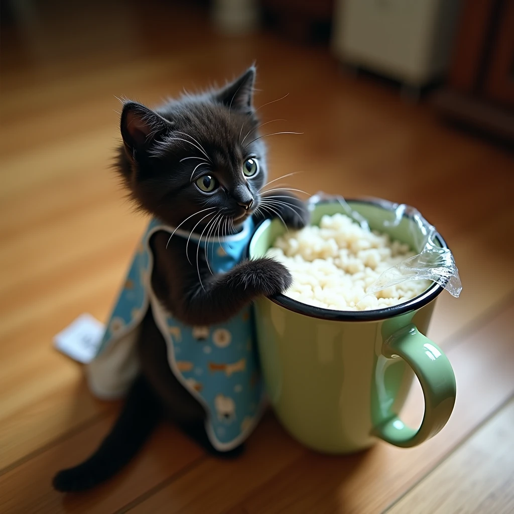 ultra-realistic, photorealistic, dramatic scene, global-illumination, 1 black small kitten, The kitten is trying to make a rice ball in the other way using a mug, The kitten is standing up like a human wearing a blue snow-patterned apron, The kitten is holding onto the mug with plastic wrap on it, holding with both hands, a very large light green mug the same size as the kitten, there are a box of plastic wrap for cocking and the box of tissue paper is on the floor, on the wood plank flooring, (shoot from above), slight amount of rice is in the mug, the mug covered with plastic wrap