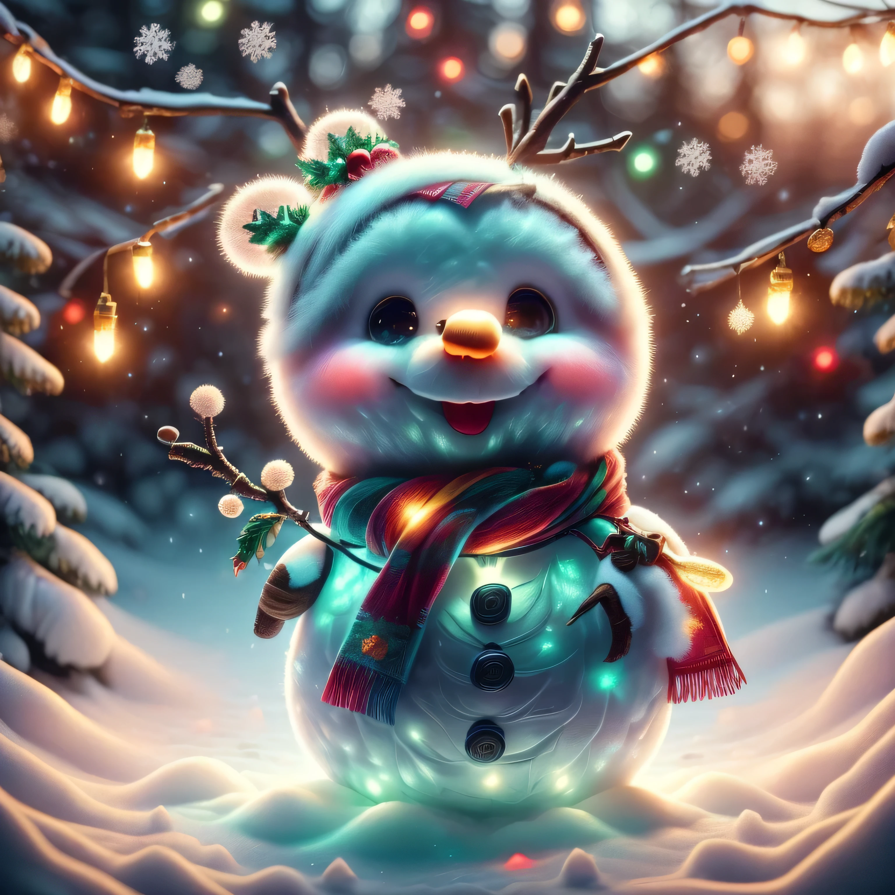 (Best Quality, Super Detail, Masterpiece, Representative Work, Official Art, Professional, Super High Detail, 8k:1.3), (Full Body) Very cute snowman Olaf from the movie 'Frozen'. He is smiling and standing on a snowy hill surrounded by glittering snowflakes under a bright blue sky. In the background is a winter forest with snow-covered trees. Olaf is wearing a red scarf and has cute twig handles. Add elements of fun, such as snow falling around and little frosty joys, to keep his mood positive, blurred background, fantasy, Gouves style artwork, realism: 1.37, (super fine fantasy art), masterpiece, high quality design and accurate physics (super accurate fantasy style)) art, dark fantasy style)), super accurate design and accurate physics), color, depth of field, shadows, ray tracing, (accurate simulation of the interaction of light and materials)], intricate Christmas decorations, glowing garlands, sparkling decoration, natural light, soft background, photorealistic, sparkling eyes, sharp focus, glowing skin, cute and mischievous look, hint of mischief, dreamy atmosphere, Super glossy effect, delicate details, soft ambient light, (Backlight:1.3), (Cinematic:1.2), intricate details, (ArtStation:1.3)